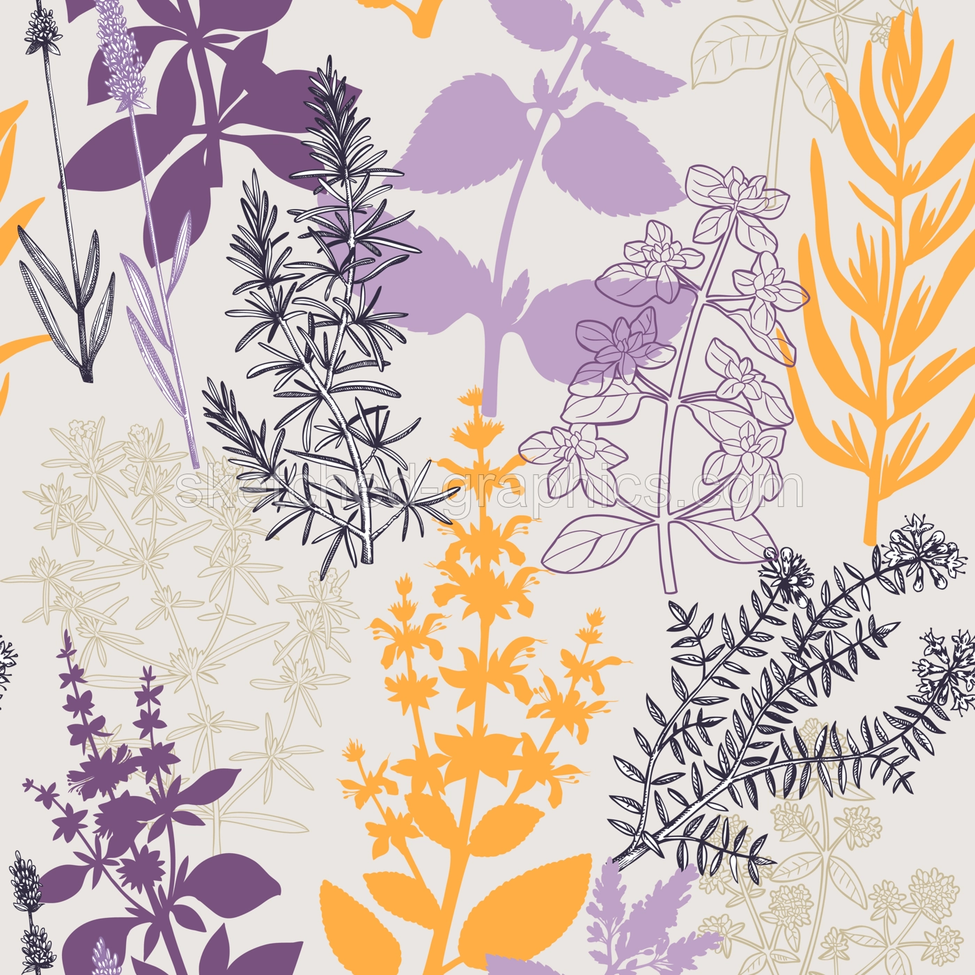 Collage-style Provence herbs background. Herbal plants hand-drawn vector illustrations. Seamless pattern with sage, peppermint, rosemary, lavender sketches. NOT AI generated Illustration